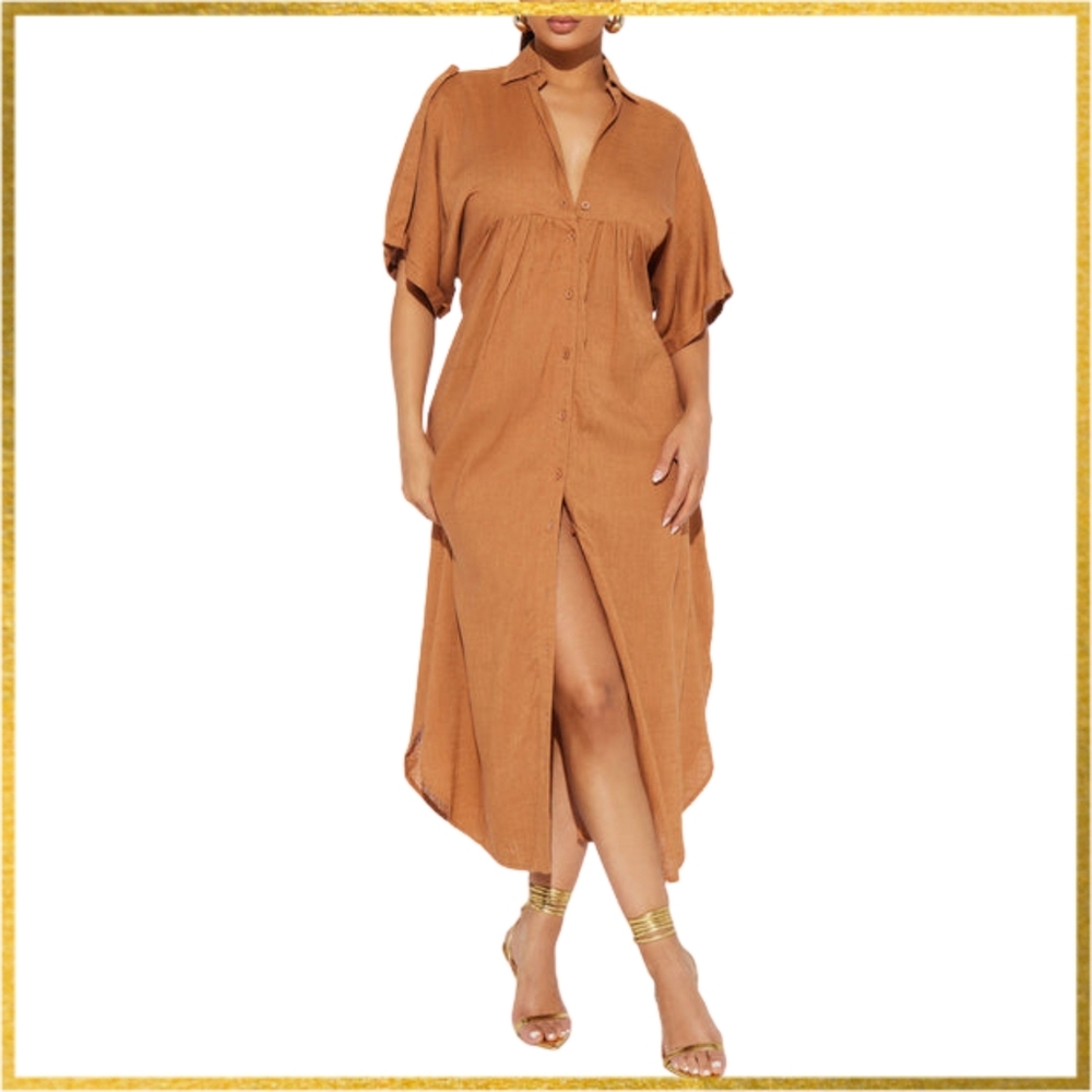 Fashion Nova Lucia Linen Blend Shirt Midi Dress Cognac Brown 3X Plus Size Boho - Picture 2 of 4